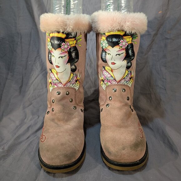 Ed Hardy Geisha Kiss of Death Pink Suede Faux Fur Lined Boots Women's US 6 - Picture 1 of 10